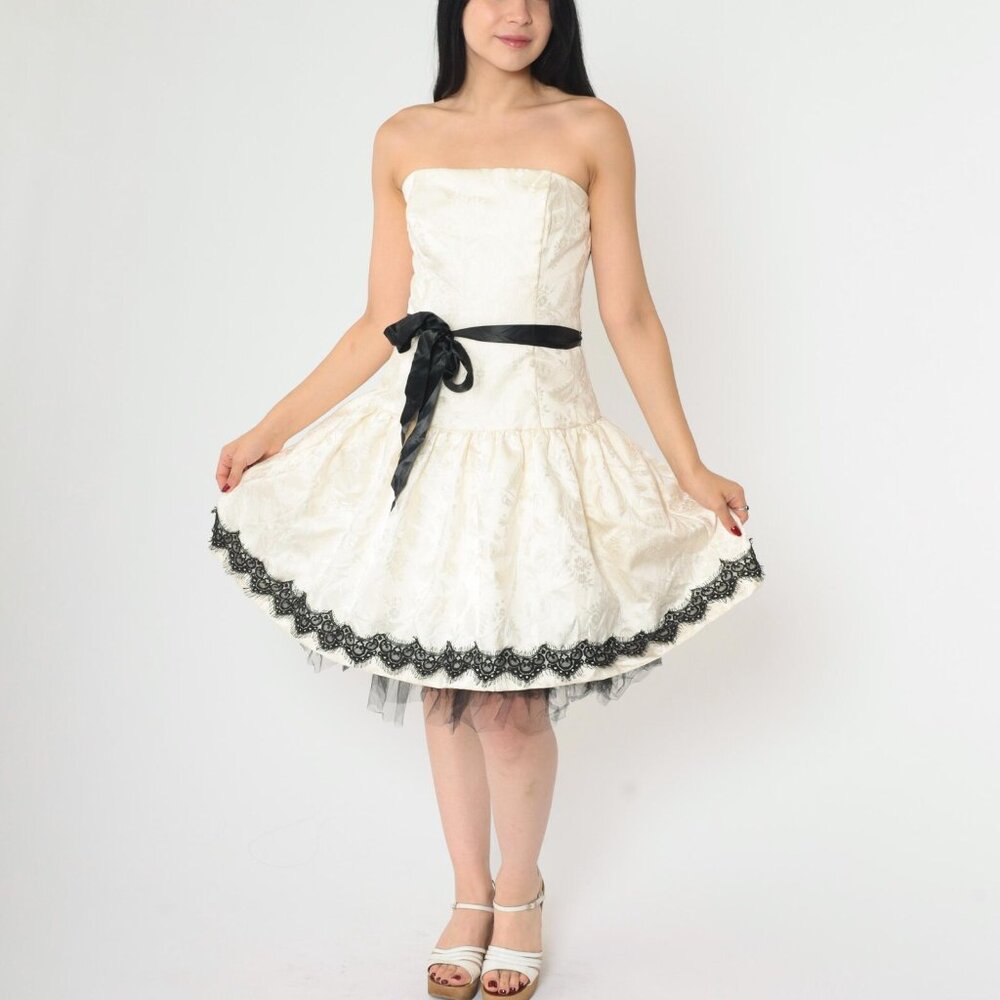 Vintage 90s Strapless Prom Dress Jessica McClintock Ivory White Floral Jacquard